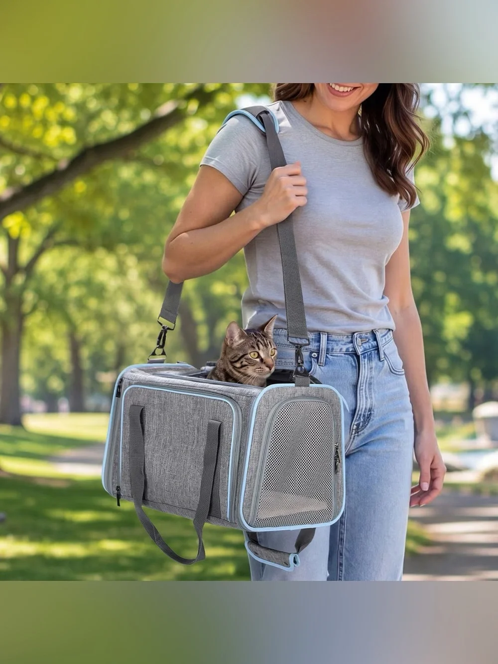 GRAY EXPANDABLE PET CARRIER WITH REMOVABLE LINING SOFT
